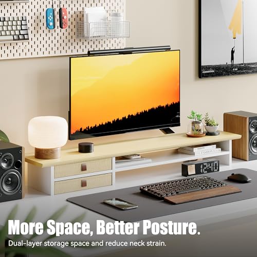 FENSULN Dual‑Tier Monitor Stand Riser with Drawers, Desktop Organizer Shelf Storage for Computer Screen 2 Monitors, Supports for PC Computer Monitor, Printer, Heavy TV Riser Beige and White