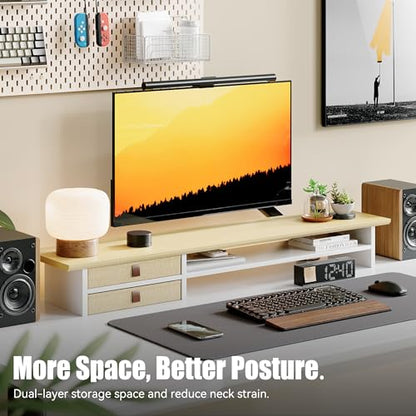FENSULN Dual‑Tier Monitor Stand Riser with Drawers, Desktop Organizer Shelf Storage for Computer Screen 2 Monitors, Supports for PC Computer Monitor, Printer, Heavy TV Riser Beige and White