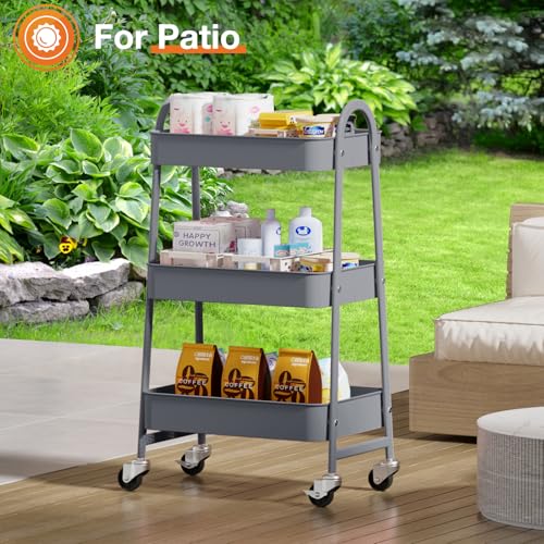 NEWBULIG 3-Tier Metal Rolling Cart with Lockable Wheels, Heavy Duty Mobile Utility Storage Shelf, Roller Book Snack Cart, Grey - color: Gray, size: 3 Shelves