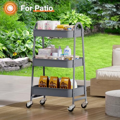 NEWBULIG 3-Tier Metal Rolling Cart with Lockable Wheels, Heavy Duty Mobile Utility Storage Shelf, Roller Book Snack Cart, Grey - color: Gray, size: 3 Shelves