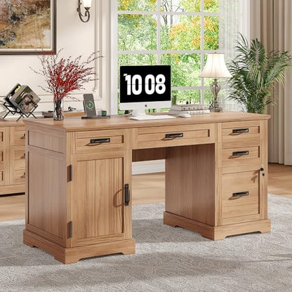 Alohappy 55'' Farmhouse Executive Desk, Home Office Desk with Drawers, Wood Computert Desk with File Cabinet and Power Outlets, Walnut - color: Walnut, size: 55''