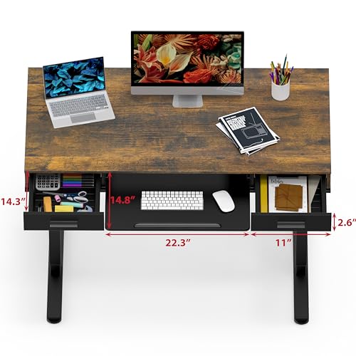 SHW 48-Inch Electric Height Adjustable Desk w/Keyboard Tray, Rustic Brown | w/ 2 Drawers | Memory Presets and Cable Management | Hanging Hooks - color: Rustic Brown