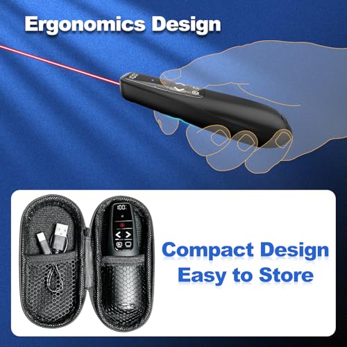 Presentation Clicker & Case, Power Display Wireless Presenter Remote | 2‑in‑1 USB/Type C Receiver, Rechargeable Red Light Pointer Computer PowerPoint PPT Clickers for Mac/Windows - style: Red Light & Power Display