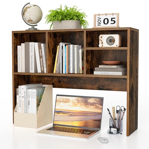 Clikuutory 2-Tier Desktop Bookshelf Hutch, Wood Countertop Storage Organizer with 4 Storage Compartments for Computer Desk, Multipurpose Tabletop Display Rack for Home Office Dorm Bedroom, Brown - color: Rustic Brown
