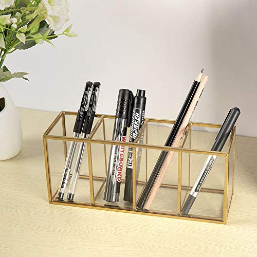 NIUBEE Gold Acrylic Pen Holder 4 Compartments, Desk Office Pencil Cup Desk | Scratch-resistant thick acrylic with 4 slots for pens, pencils, makeup brushes, office, vanity and school use - color: Gold, size: 4 Cube