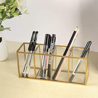 NIUBEE Gold Acrylic Pen Holder 4 Compartments, Desk Office Pencil Cup Desk | Scratch-resistant thick acrylic with 4 slots for pens, pencils, makeup brushes, office, vanity and school use - color: Gold, size: 4 Cube