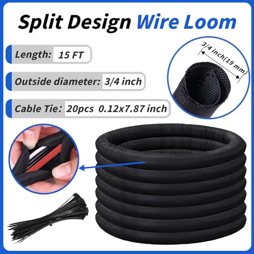 15ft - 3/4in Split Braided Sleeve Cable Management, Self-Wrapping | Flexible loom tubing protects wires from abrasion and heat. Great for automotive, TV, computer, and home electrical use. - size: 3/4inx15ft