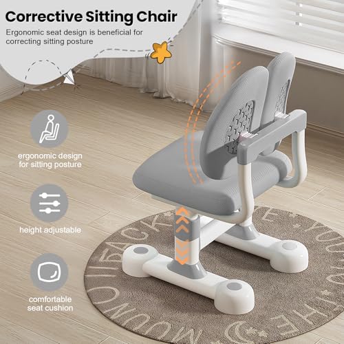 Kids Desk and Chair Set- 3-12 Height Adjustable Ergonomic Art Desk | School Study Desk, 50° Tiltable Desktop, Easy-Turn Crank, Storage Drawer & Built-in Bookstand for Children Boys & Girls - color: 015-grey-31.5in