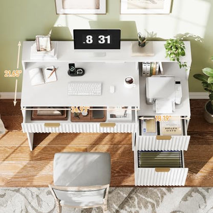 Vabches Fluted Computer Desk with Drawers, Home Office Desk with Power Outlets, Printer Stand and Storage Cabinet, Study Writing Desks with Long Monitor Stand, White - color: White