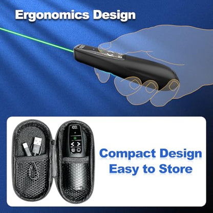 Presentation Clicker & Case, Green Laser Power Display Presenter Remote | 2‑in‑1 USB/Type C Receiver, Rechargeable Red Laser Pointer Wireless Computer PowerPoint PPT Clickers for Mac/Windows - style: Green Light & Power Display