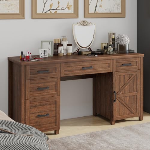 Vabches Farmhouse 61'' Rustic Office Desk with 5 Drawers(Red-Brown) - color: Red-brown, size: 61"W
