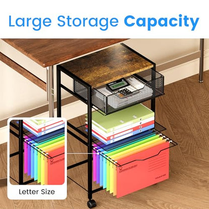 Cawukege 3 Tier Printer Stand, Small Mobile Table with Wheels, Printer Shelf Rolling Cart with Storage Desk Organizer Hanging File for Office Home, Brown - color: Brown