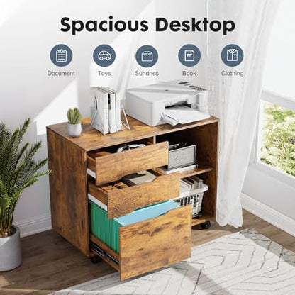 DUMOS Wood File Cabinet with 3 Drawers, Rolling Printer Stand | Under Desk Storage Organizer Home Office Space with Shelves for Files and Office Supplies, Rust - color: Rust Wood