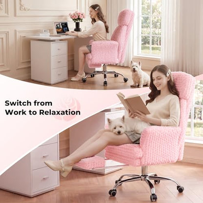 Big and Tall Office Chair, Flip Armrests for Pets & Cross Legged Sitting | Executive Ergonomic Computer Gaming Chair with Foot Rest, Rose Velvet Pink Wide Seat Reclining Desk Chair - color: Pink Rose Velvet