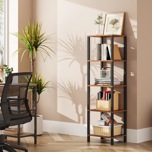TUTOTAK Bookshelf, 5-Tier Tall Narrow Book Shelf for Small Space | 10.7 x 14.5 x 53.2 Inches Skinny Display Shelf with Storage for Living Room, Office, Study, Entryway, Brown BS01BB005 - color: Brown, size: 5-Tier(10.7 x 14.5 x 53.2 Inches)