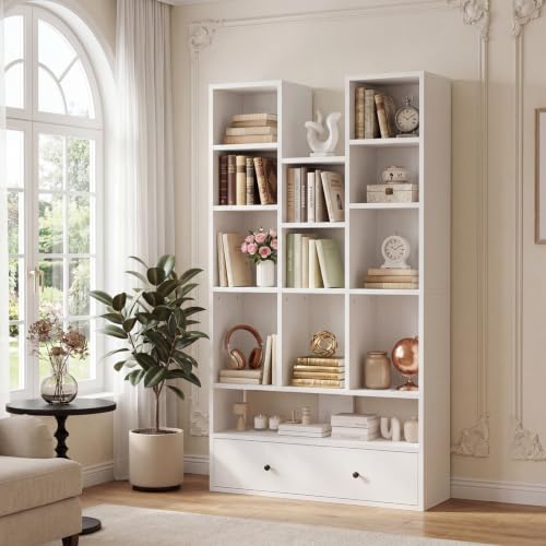 PUKAMI 65" Tall Bookshelf with Drawers, 4-Tier Open Display Bookcase with 11 Storage Cubes, Modern Freestanding Organizer for Living Room Home Office, White - color: White