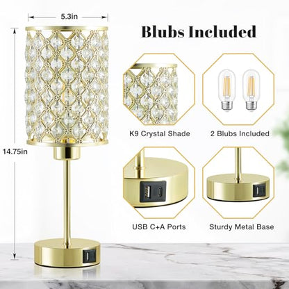 GyroVu Gold Crystal Bedside Table Lamps Set of 2 with USB C+A Ports - color: Gold-2, size: 14.75"