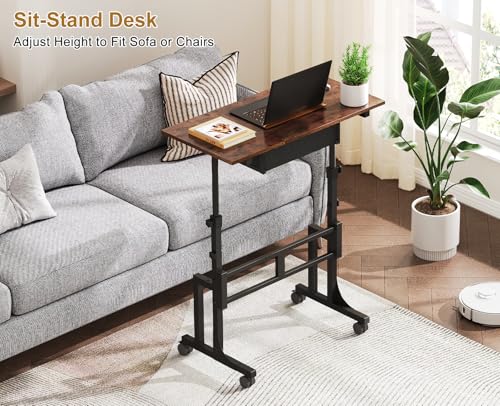 Adjustable Height Standing Desk With Drawer, Rolling Sit Stand Up Desk With Wheels, Small Sit To Stand Computer Desk, Adjustable Desktop Height, On Wheels, Brown, For Walking Pad Laptop Treadmill - color: Brown