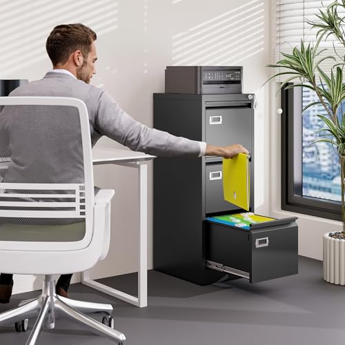 BYNSOE 3 Drawer File Cabinet with Lock Metal Vertical File Cabinet Office Home Narrow File Cabinet for A4 Legal/Letter Size,Assembly Required (Black, 3 Drawers-Vertical) - color: Black, size: 38.62"H x 17.71"D x 15"W