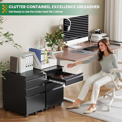 3-Drawer File Cabinet with Lock, Mobile Filing Cabinet, Fully Assembled - color: Black, size: 14.6"W x 24.4"H x 17.3"D - F