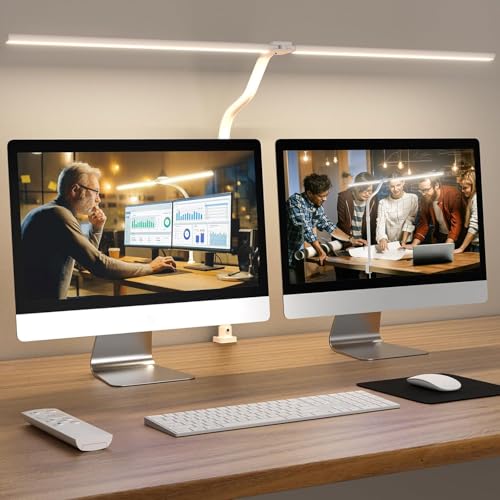 LED Desk Lamp - Bright Dimmable Computer Lamp, 24W Bendable Desk Light for Monitor Screen, Eye-Caring Tall Desktop Light for Task Home Office Work, White, Dual Head - color: White with Clamp