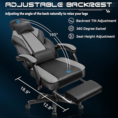 Gaming Chair for Adult, Computer Chair with Footrest Video Game Chair Big and Tall Gaming Chair with Massage Lumbar Support, Adjustable Height and 360° Swivel Seat(Grey) - color: Grey