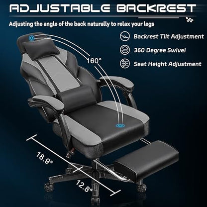 Gaming Chair for Adult, Computer Chair with Footrest Video Game Chair Big and Tall Gaming Chair with Massage Lumbar Support, Adjustable Height and 360° Swivel Seat(Grey) - color: Grey