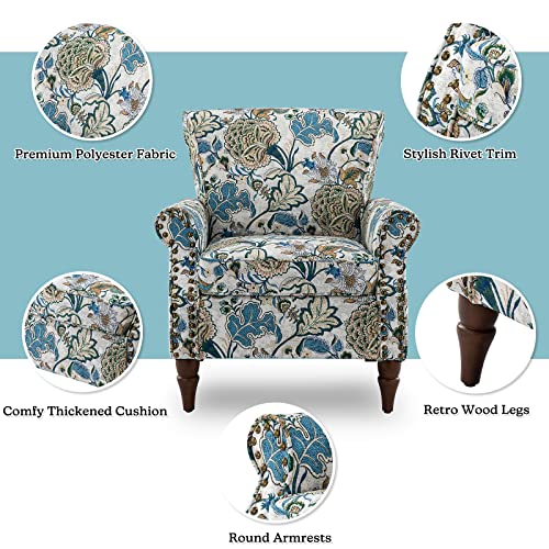 HULALA HOME Traditional Floral Accent Chair with Solid Wood Legs, Green | Comfy Upholstered Armchair Reading Chair with Rolled Armrests, Nailhead Trim, Removable Cushion, for Living Room Bedroom - color: Green