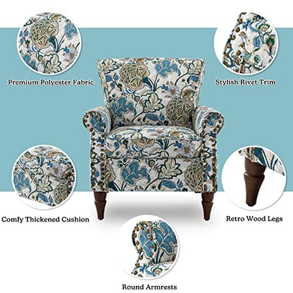 HULALA HOME Traditional Floral Accent Chair with Solid Wood Legs, Green | Comfy Upholstered Armchair Reading Chair with Rolled Armrests, Nailhead Trim, Removable Cushion, for Living Room Bedroom - color: Green