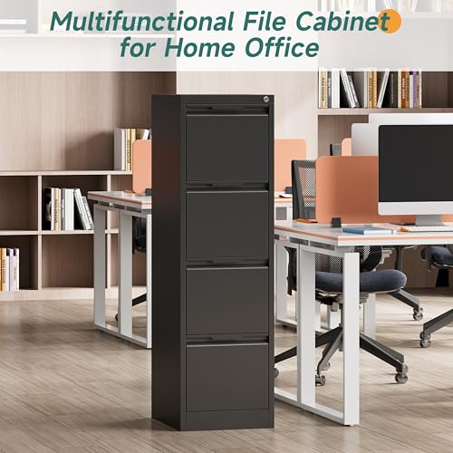 4 Drawer Metal Vertical File Cabinet with Lock for Home Office | 17.8 Inch Depth,50.3 Inch High,Fits A4/Letter & Legal Size Files,Adjustable Hanging Bar,Easy to Assemble,Black - color: Black, size: 17.8"D x 15"W x 50.3"H（4 Drawers）