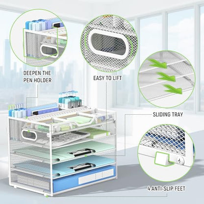 Docnest 5 Tier Mesh Desk Organizer with Removable Tray&Pen Holder, White - color: White, size: 12.6"x9.1"x10.3"