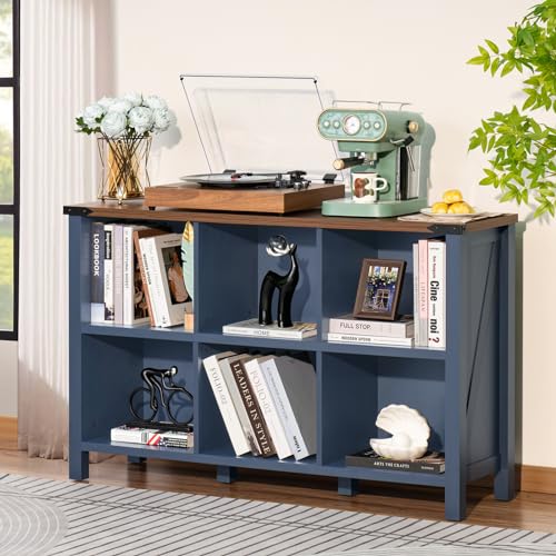 Joaxswe 6 Cube Bookcase, Farmhouse Wood Low Storage Organizer Book Shelf, 47" Horizontal Navy Blue Console Bookshelf with Legs, Hallway Book Case for Entryway, Display Cabinet for Living Room, Office - color: Navy Blue, size: 6 Cube (13.6"D x 47.24"W x 29