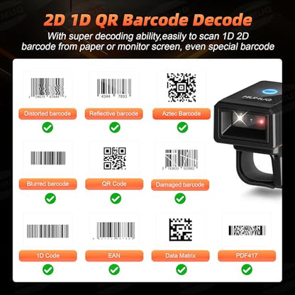 Bluetooth Ring Barcode Scanner, Wearable 1D/2D Bar Code Reader | Wearable Finger Scanner, Bluetooth 2.4g USB 3-in-1 Barcode Reader, 450mah, 6+ Hrs Use, Warehouse & Inventory