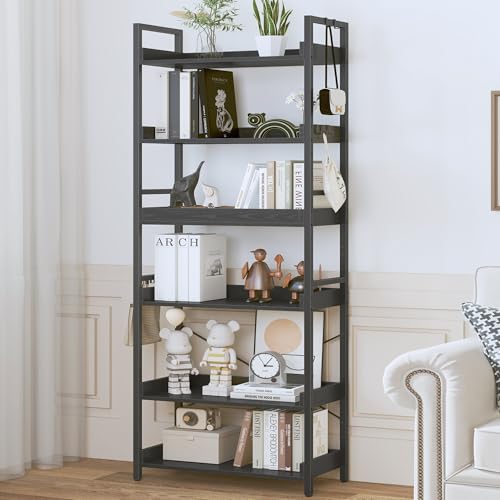 HCHQHS 6 Tier Bookshelf, Adjustable Industrial Bookcase, Vertical Tall Book Shelf, Wood and Black Metal Open Bookshelves for Home Office, Living Room, Bedroom, 70 Inch - color: Black, size: 6-Tier (24"W x 70"H)