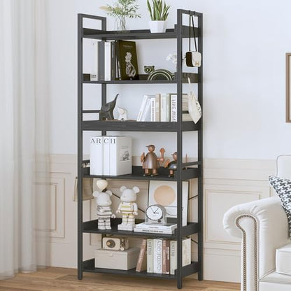 HCHQHS 6 Tier Bookshelf, Adjustable Industrial Bookcase, Vertical Tall Book Shelf, Wood and Black Metal Open Bookshelves for Home Office, Living Room, Bedroom, 70 Inch - color: Black, size: 6-Tier (24"W x 70"H)