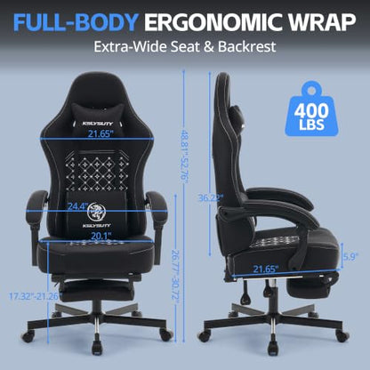Desk Computer Gaming Chair - Ergonomic Game Office Chair with Extended Footrest and Massage Lumbar Support, Home Gamer Video Game Chairs with Spring Cushion for Adults (Pro Black Fabric) - color: Pro Black Fabric