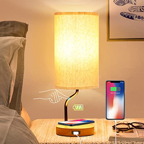 Bedside Table Lamp with Wireless Charger & USB Port - Touch Control LED Desk Lamp for Bedroom, 3-Way Dimmable Wooden Nightstand Lamp with Fabric Shade for Living Room, Kid's Room, Dorm, or Office - color: Cream