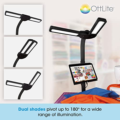 OttLite Dual Shade LED Floor Lamp with Adjustable Stand, Black | Natural Daylight LEDs | Dual Pivoting Shades | 4 Brightness Settings | Tablet and Phone Stand - color: Black