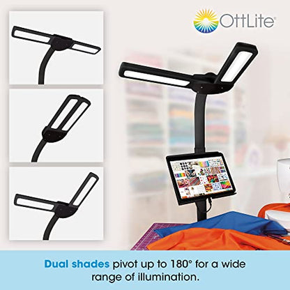 OttLite Dual Shade LED Floor Lamp with Adjustable Stand, Black | Natural Daylight LEDs | Dual Pivoting Shades | 4 Brightness Settings | Tablet and Phone Stand - color: Black
