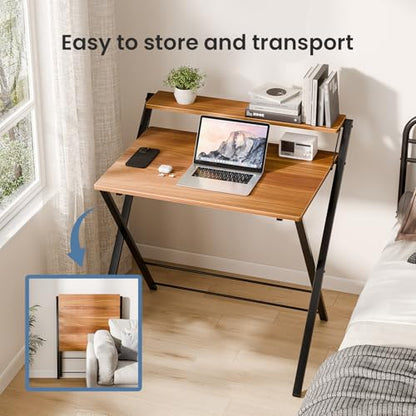DUMOS Small Folding Desk, Computer Desk, Portable Table | No Assembly Shelf, Foldable Design, Home Office, Bedroom Dorm, Tight Spaces, Brown - color: Brown