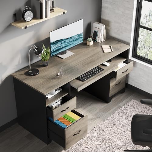 Bestier 59 Inch Office Desk with 4 Drawers, Computer Desk with Storage, Executive Desk with File Drawer, Keyboard Tray & 2 Pedestals on Both Sides for Home Office, Studio, Grey&Black - color: Grey&black