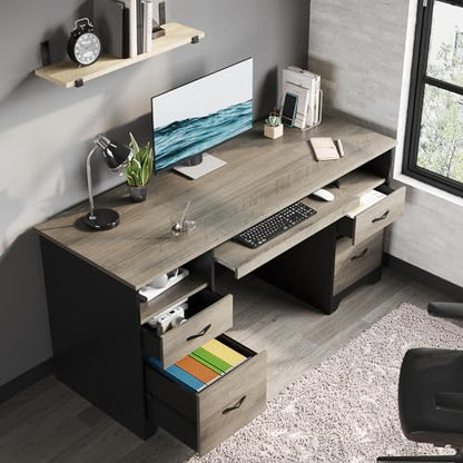 Bestier 59 Inch Office Desk with 4 Drawers, Computer Desk with Storage, Executive Desk with File Drawer, Keyboard Tray & 2 Pedestals on Both Sides for Home Office, Studio, Grey&Black - color: Grey&black