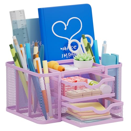 Marbrasse Mesh Desk Organizer, Pen Holder with 2 Drawer, Multi-Functional Pencil Holder, Desk Organizers and Accessories with 5 Compartments + Drawer for Office Art Supplies (Purple) - color: Purple