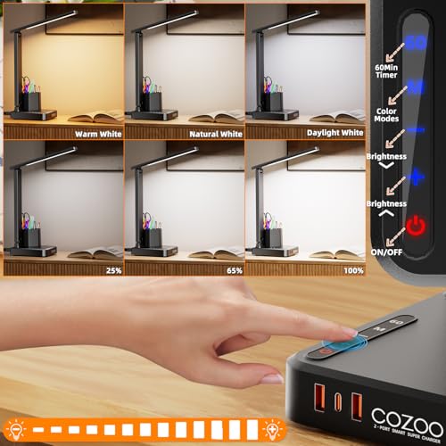 LED Desk Lamps for Dorm Office with USB C Charging Station, 800lm, CRI>90 - color: Black