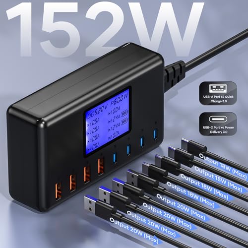 152W Charging Station, 8-Port Desktop USB-C & USB-A Charger Hub, 20W 4xUSB-C & 18W 4xUSB-A, Compatible With iPhone 15/14/13 Pro/Max, iPad, Samsung Galaxy Note S23 - color: 152W-Black