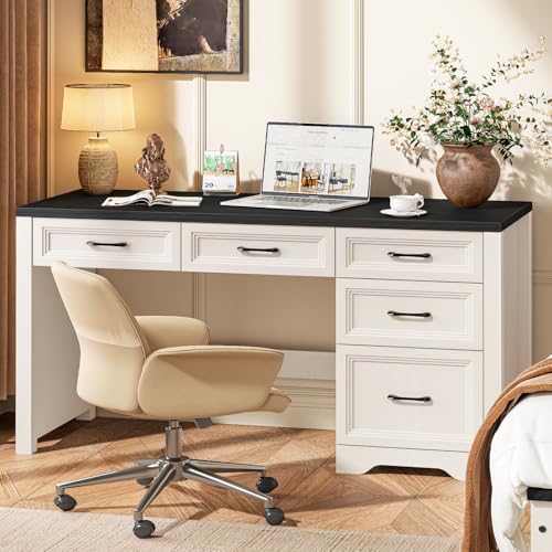 Vabches 55″ Farmhouse Desk with 5 Storage Drawers, Black | Large Home Office Computer Desk with Adjustable File Drawer, Executive Workstation with Storage for Study Writing Work