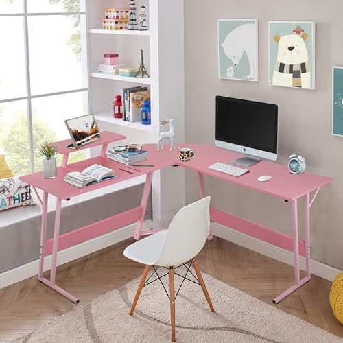 L Shape Desk Sturdy L-Shaped Gaming Desk with Large Wooden Desktop for Home Office, Corner Desk for Small Space, Easy to Assemble, ComputerDesk - color: Pink