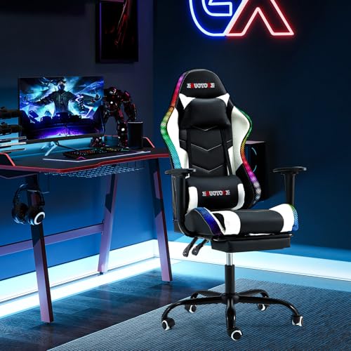 ECOTOUGE Racing Style RGB LED Lights Gaming Chair with Footrest - color: Rgb White, size: with footrest