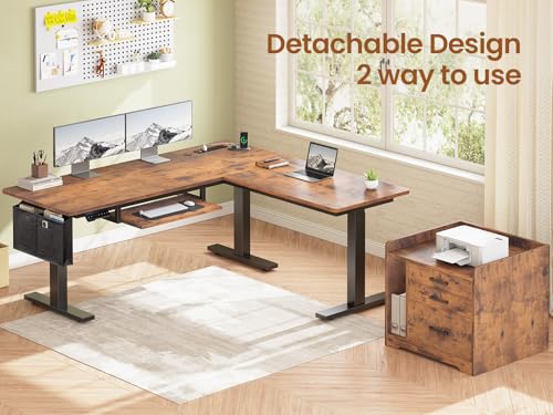 SEDETA L Shaped Electric Standing Desk with File Cabinet, 63 x 53'' Height Adjustable Home Office Computer Desk with 3 Drawers, Power Outlet, Stand up Gaming Table with Led Lights, Rustic Brown - color: Rustic Brown, size: 63 x 53'' L Shaped Standing Desk