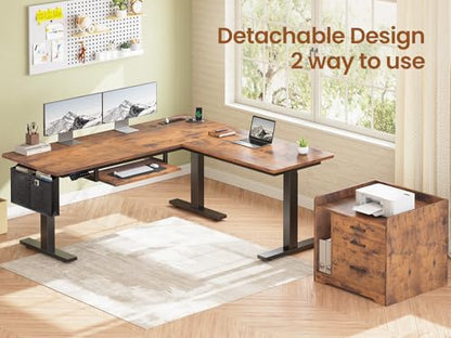 SEDETA L Shaped Electric Standing Desk with File Cabinet, 63 x 53'' Height Adjustable Home Office Computer Desk with 3 Drawers, Power Outlet, Stand up Gaming Table with Led Lights, Rustic Brown - color: Rustic Brown, size: 63 x 53'' L Shaped Standing Desk